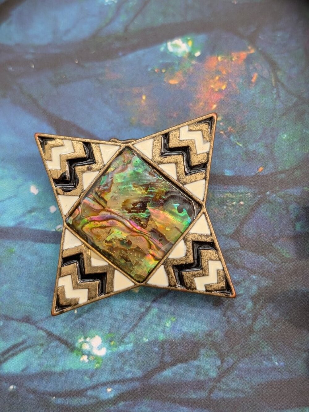 Vintage Black & White Enamel, Antique Gold Tone, and Abalone Statement Ring